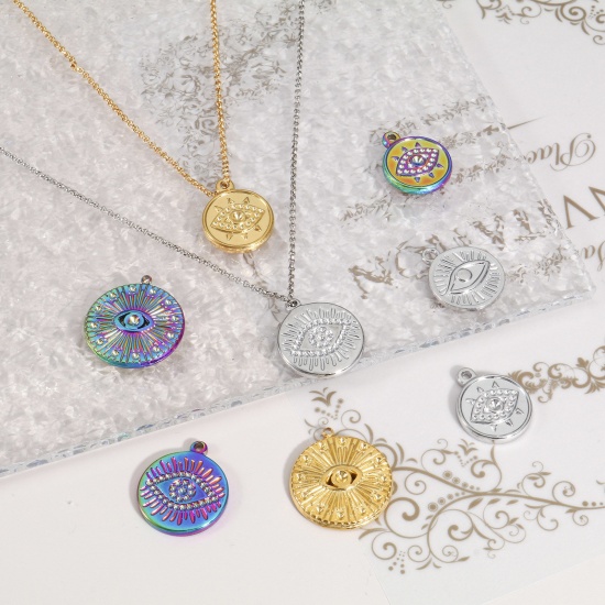 Imagen de Enchapado al Vacío Ecológico 304 Acero Inoxidable Religión Colgantes Charms Ronda Multicolor Ojo de la Providencia/Ojo que Todo lo Ve 2 Unidades