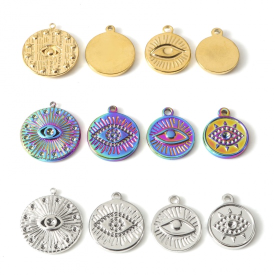 Imagen de Enchapado al Vacío Ecológico 304 Acero Inoxidable Religión Colgantes Charms Ronda Multicolor Ojo de la Providencia/Ojo que Todo lo Ve 2 Unidades