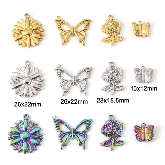 Image de Breloques en 304 Acier Inoxydable Placage Sous Vide Écologique Papillon Multicolore Fleurs 2 Pcs