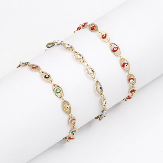 Picture of Eco-friendly Vacuum Plating 304 Stainless Steel Religious Handmade Link Chain Bracelets 18K Gold Plated Multicolor Evil Eye Enamel 17.5cm(6 7/8") long