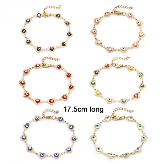 Immagine di Placcatura Sottovuoto Ecologica 304 Acciaio Inossidabile Religione Catena a Maglia Fatta a Mano Braccialetti 18K Oro Placcato Multicolore Cuore Malocchio Smalto 17.5cm Lunghezza, 1 Pz