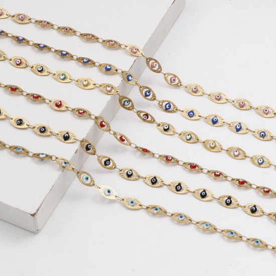 Picture of 1 Piece Vacuum Plating 304 Stainless Steel Religious Handmade Link Chain Anklet 18K Gold Plated Multicolor Enamel Evil Eye 22cm(8 5/8") long