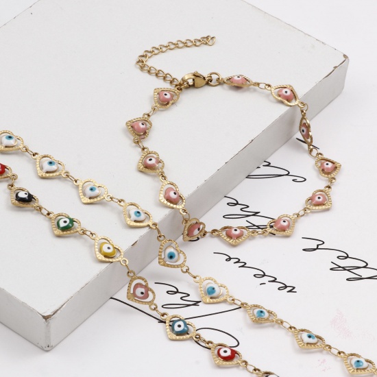 Picture of Eco-friendly Vacuum Plating 304 Stainless Steel Religious Handmade Link Chain Anklet 18K Gold Plated Multicolor Enamel Heart Evil Eye 21cm(8 2/8") long