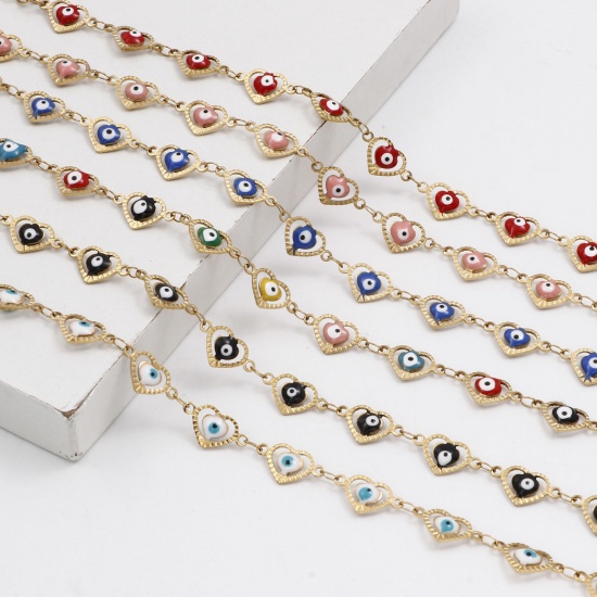 Picture of Eco-friendly Vacuum Plating 304 Stainless Steel Religious Handmade Link Chain Anklet 18K Gold Plated Multicolor Enamel Heart Evil Eye 21cm(8 2/8") long