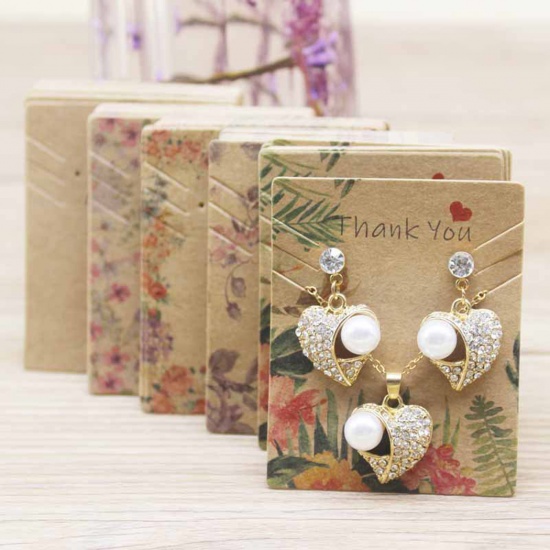 Picture of Paper Jewelry Necklace Earrings Display Card Multicolor Rectangle Flower Pattern 6.3cm x 5.1cm