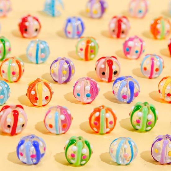 Immagine di Vetro Sciolto Fatto a Mano Perline per la Creazione di Gioielli con Ciondoli Fai-da-te Tondo Multicolore Striscia Smalto Circa 15mm Dia, Foro: Circa 1.4mm, 2 Pz