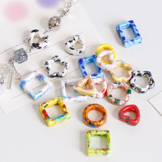 Picture of Ceramic Beads For DIY Charm Jewelry Making Geometric Multicolor Hollow