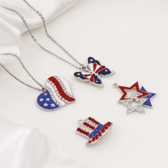 Picture of Zinc Based Alloy American Independence Day Pendants Silver Tone Red & Blue National Flag Enamel Clear Rhinestone