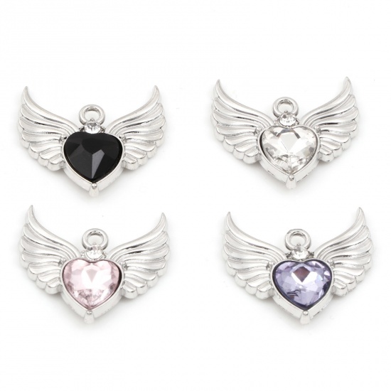 Immagine di Lega di Zinco San Valentino Charms Cuore Tono Argento Ali Multicolore Strass 22.5mm x 21mm , 5 Pz