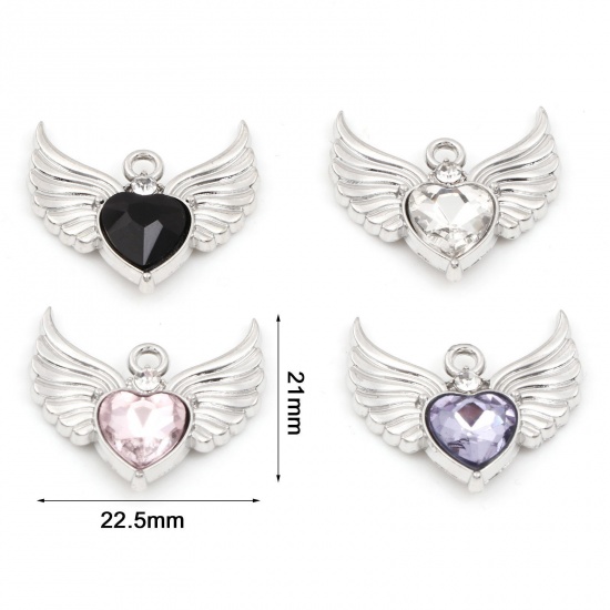 Immagine di Lega di Zinco San Valentino Charms Cuore Tono Argento Ali Multicolore Strass 22.5mm x 21mm , 5 Pz