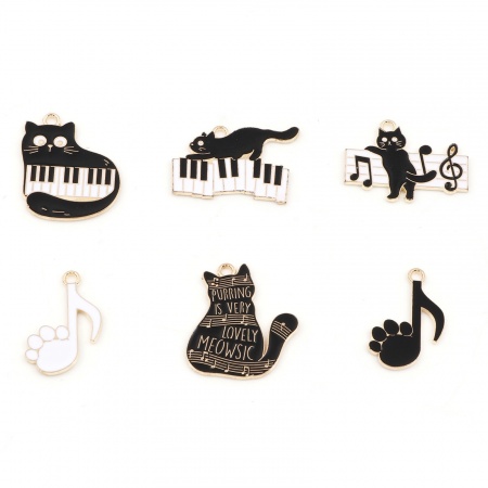 Lega di Zinco Musica Charms Gatto Oro Placcato Nero & Bianco Pianoforte Smalto 10 Pz