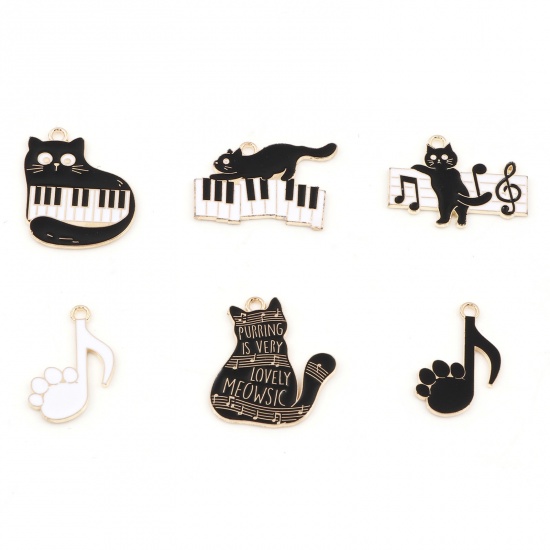 Image de Breloques Musique en Alliage de Zinc Chat Doré Noir & Blanc Piano Émail 10 Pcs