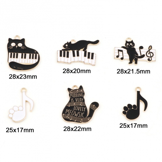 Image de Breloques Musique en Alliage de Zinc Chat Doré Noir & Blanc Piano Émail 10 Pcs