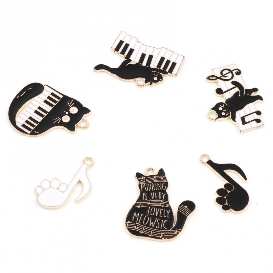 Image de Breloques Musique en Alliage de Zinc Chat Doré Noir & Blanc Piano Émail 10 Pcs