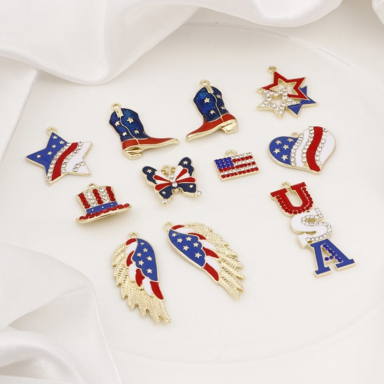 Picture of Zinc Based Alloy American Independence Day Pendants Gold Plated Red & Blue National Flag Enamel Clear Rhinestone