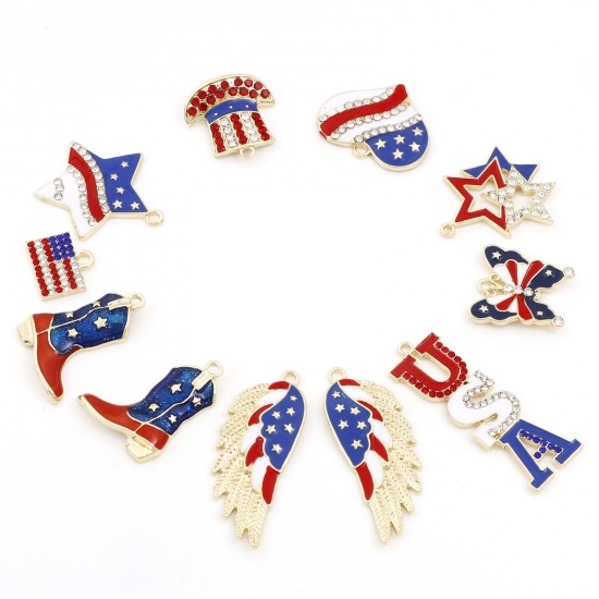 Picture of Zinc Based Alloy American Independence Day Pendants Gold Plated Red & Blue National Flag Enamel Clear Rhinestone