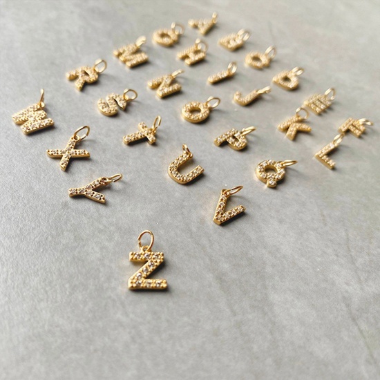 Picture of Eco-friendly Vacuum Plating 304 Stainless Steel Charms 14K Gold Plated Capital Alphabet/ Letter Number Micro Pave 8mm