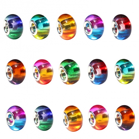 Immagine di Resina Perline di Fascino con Foro Grande in Stile Europeo Multicolore Tondo Colore Sfumato 14mm x 9mm, Foro:Circa 5mm, 20 Pz