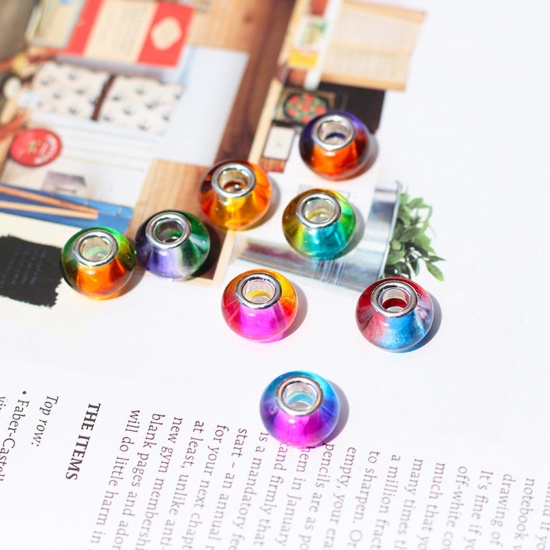 Immagine di Resina Perline di Fascino con Foro Grande in Stile Europeo Multicolore Tondo Colore Sfumato 14mm x 9mm, Foro:Circa 5mm, 20 Pz
