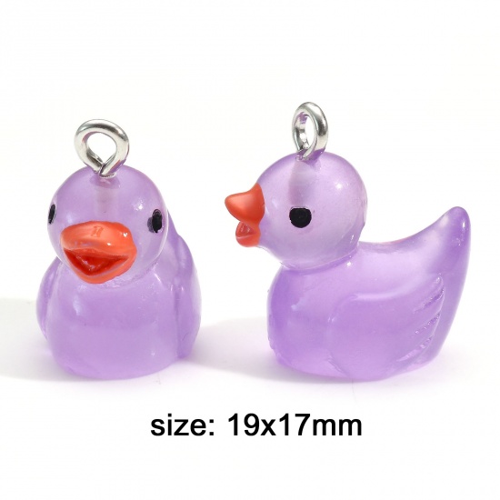 Picture of Resin 3D Charms Duck Animal Silver Tone Multicolor Transparent Glow In The Dark Luminous 20mm x 19mm
