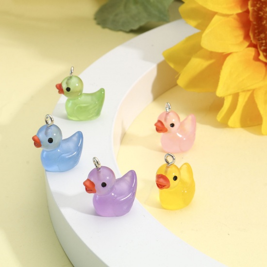 Picture of Resin 3D Charms Duck Animal Silver Tone Multicolor Transparent Glow In The Dark Luminous 20mm x 19mm