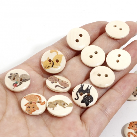 Picture of Wood Sewing Buttons Scrapbooking 2 Holes Cat Animal Multicolor At Random 15mm Dia.