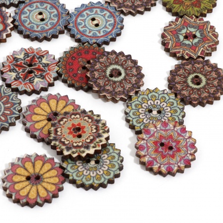 Natural Wood Ethnic Sewing Buttons Scrapbooking 2 Holes Flower At Random Color At Random