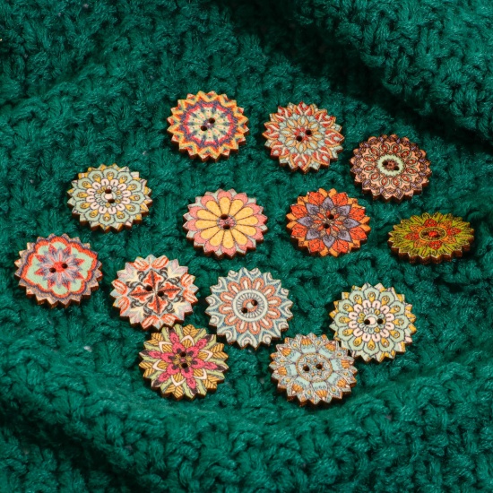 Picture of Wood Ethnic Sewing Buttons Scrapbooking 2 Holes Flower At Random Color At Random