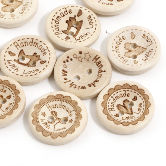 Picture of Wood Sewing Buttons Scrapbooking 2 Holes Round Creamy-White Message " Hand Made With Love " 20mm Dia.