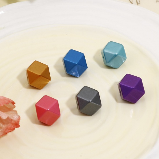 Изображение Силикон Бисер для изготовления ювелирных украшений "Сделай сам С одним отверстием Куб, Разноцветный Металлический Шлифованный 14мм x 14мм, Отверстие:примерно 2.2мм, 10 ШТ