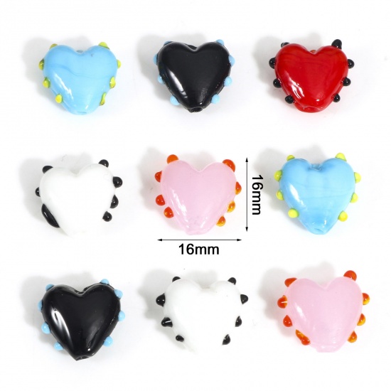 Picture of Lampwork Glass Valentine's Day Beads For DIY Charm Jewelry Making Heart Multicolor Dot Enamel About 16mm x 16mm