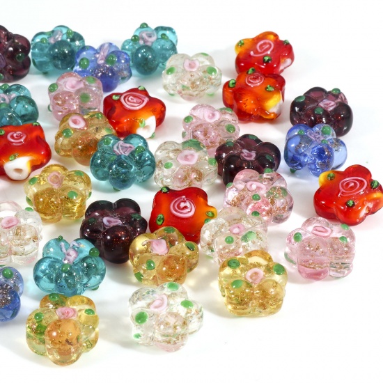 Picture of Lampwork Glass Beads For DIY Charm Jewelry Making Multicolor Flower Leaves Enamel About 15mm x 14mm