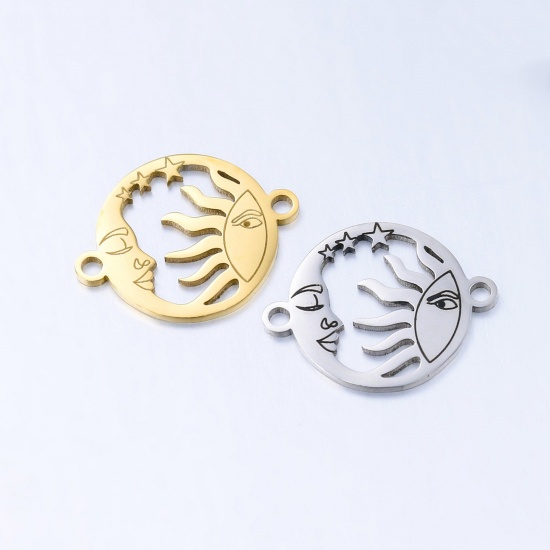 Picture of Eco-friendly 304 Stainless Steel Galaxy Connectors Charms Pendants Multicolor Round Sun And Moon Face 20mm x 15mm