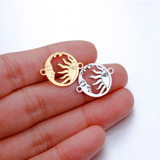 Picture of Eco-friendly 304 Stainless Steel Galaxy Connectors Charms Pendants Multicolor Round Sun And Moon Face 20mm x 15mm