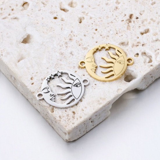 Picture of Eco-friendly 304 Stainless Steel Galaxy Connectors Charms Pendants Multicolor Round Sun And Moon Face 20mm x 15mm