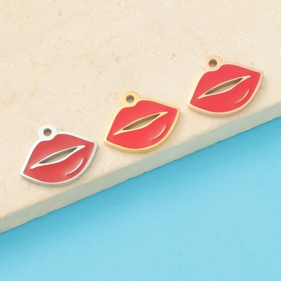 Immagine di Ecologico 304 Acciaio Inossidabile Charms Labbra Multicolore Rosso 13mm x 10mm, 1 Pz