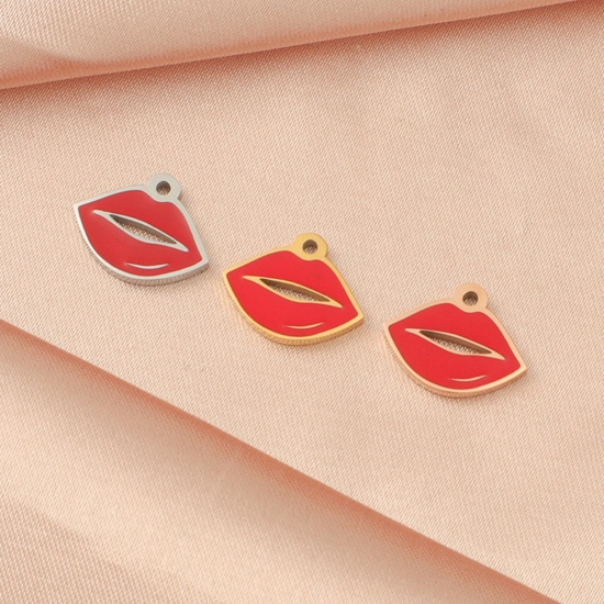Immagine di Ecologico 304 Acciaio Inossidabile Charms Labbra Multicolore Rosso 13mm x 10mm, 1 Pz
