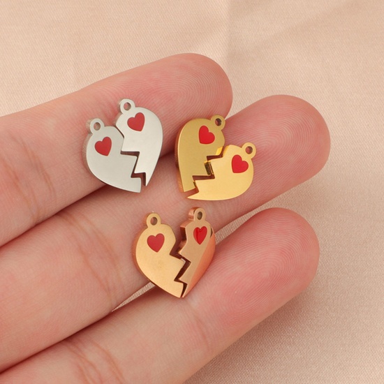 Bild von Umweltfreundlich 304 Edelstahl Valentinstag Charms Gebrochenes Herz Bunt 15mm x 15mm, 1 Stück