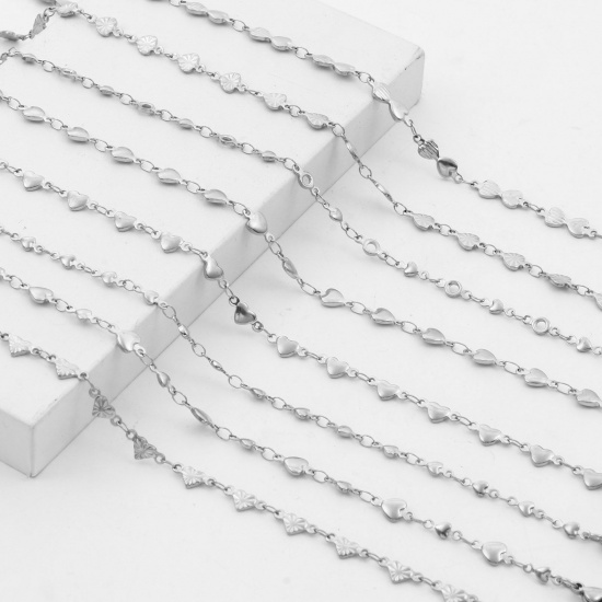 Imagen de Respetuoso del Medio Ambiente 304 Acero Inoxidable día de San Valentín Cadenas Tobilleras Tono de Plata Corazón 24cm - 22cm longitud, 1 Unidad