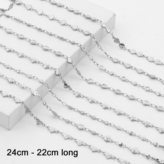 Imagen de Respetuoso del Medio Ambiente 304 Acero Inoxidable día de San Valentín Cadenas Tobilleras Tono de Plata Corazón 24cm - 22cm longitud, 1 Unidad