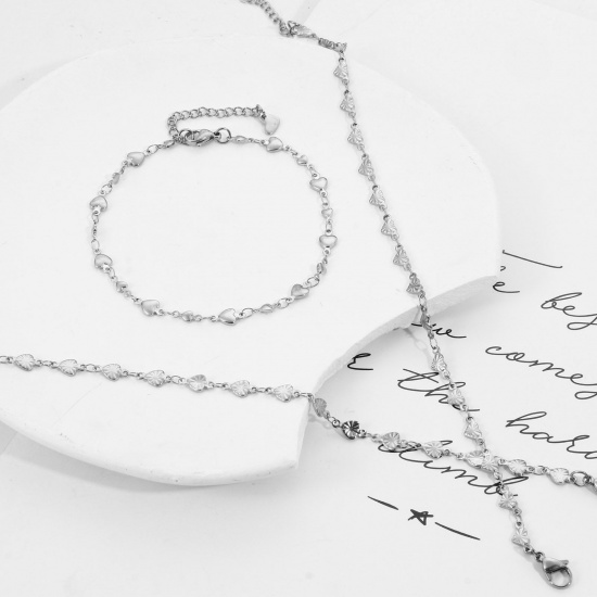 Imagen de Respetuoso del Medio Ambiente 304 Acero Inoxidable día de San Valentín Cadenas Tobilleras Tono de Plata Corazón 24cm - 22cm longitud, 1 Unidad