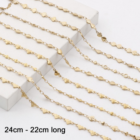 Imagen de 1 Unidad Enchapado al Vacío 304 Acero Inoxidable día de San Valentín Cadenas Tobilleras Chapado en Oro de 18K Corazón 24cm - 22cm longitud