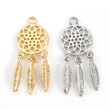 Brass Charms Real Gold Plated Dream Catcher Feather Hollow 24mm x 9mm
