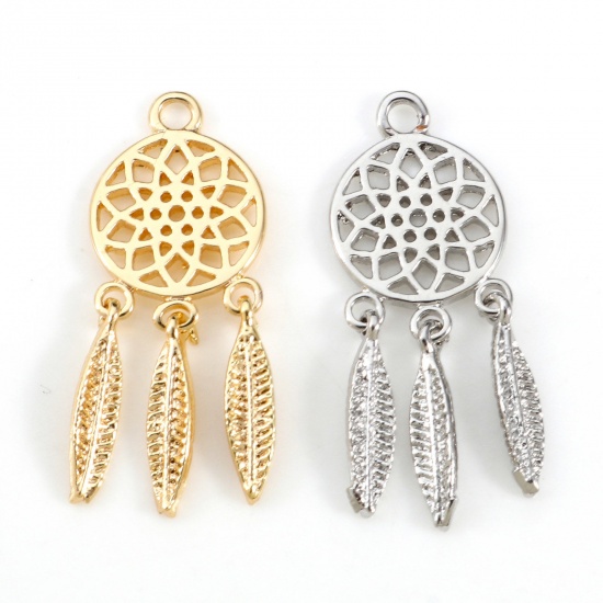 Imagen de Latón Colgantes Charms Capta Sueño Oro Real Chapado Pluma Hueco 24mm x 9mm, 2 Unidades