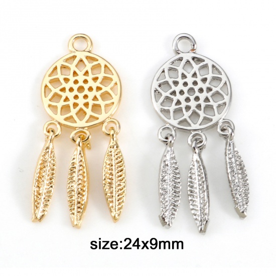 Imagen de Latón Colgantes Charms Capta Sueño Oro Real Chapado Pluma Hueco 24mm x 9mm, 2 Unidades