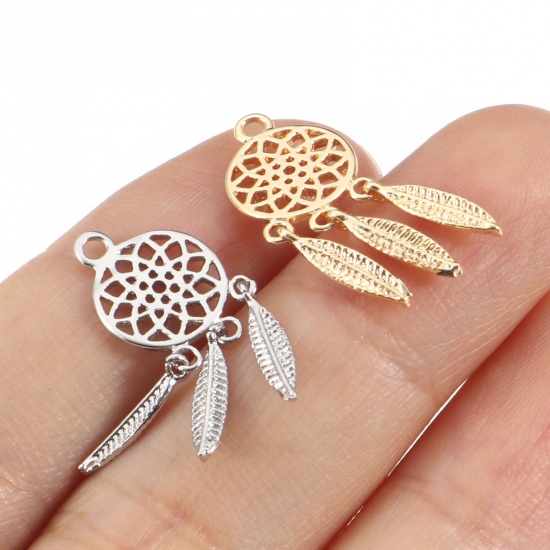 Imagen de Latón Colgantes Charms Capta Sueño Oro Real Chapado Pluma Hueco 24mm x 9mm, 2 Unidades
