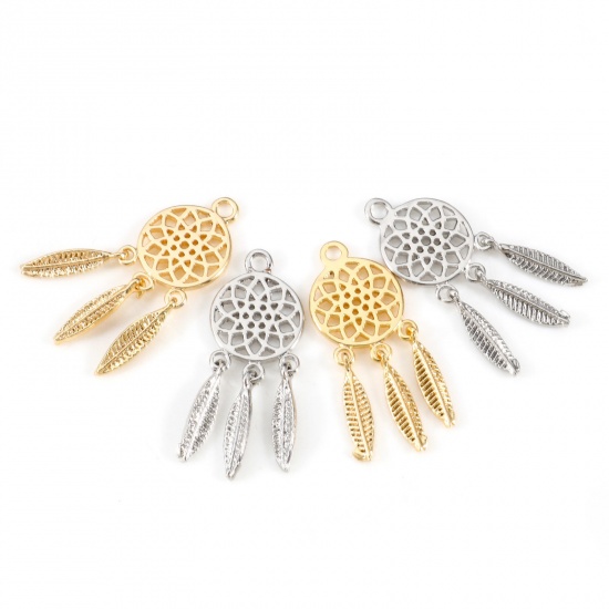 Imagen de Latón Colgantes Charms Capta Sueño Oro Real Chapado Pluma Hueco 24mm x 9mm, 2 Unidades