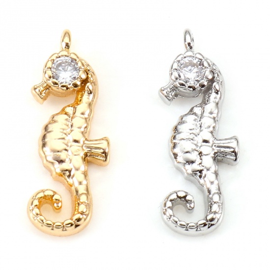 Image de Breloques Bijoux d'Océan en Laiton Cheval de Mer Plaqué Or Véritable à Zircone Cubique Clair 15mm x 5.5mm, 2 Pcs