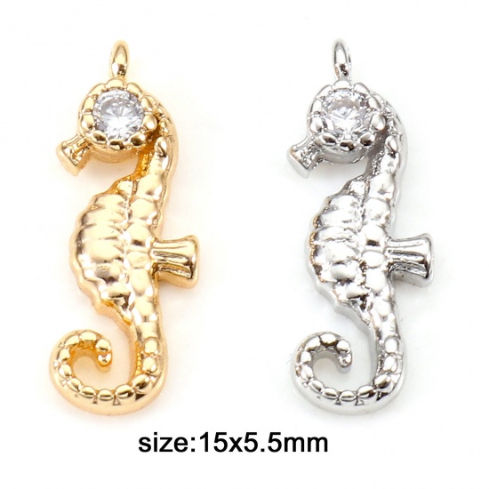 Image de Breloques Bijoux d'Océan en Laiton Cheval de Mer Plaqué Or Véritable à Zircone Cubique Clair 15mm x 5.5mm, 2 Pcs