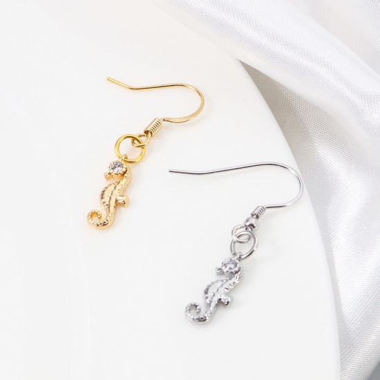 Image de Breloques Bijoux d'Océan en Laiton Cheval de Mer Plaqué Or Véritable à Zircone Cubique Clair 15mm x 5.5mm, 2 Pcs